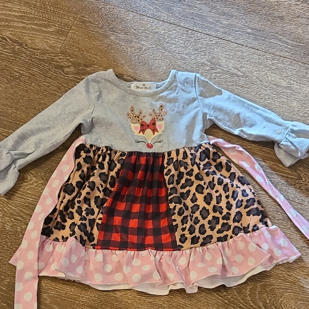 Marie Nicole Toddler Girls' Reindeer Dress with Leopard and Plaid Skirt